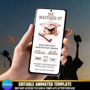 Rose Gold Graduierung Party Einladung für Mädchen | Sie Beherrscht es | Bearbeitbarer animierter digitaler graduierter Jahrgang einladen Klasse von 2025 | DIY Canva eCard