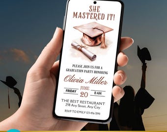 Rose Gold Graduation Invitation | Animated E-vite, 'She Mastered It' (Digital, Canva)