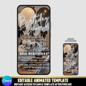 Black Tie Birthday Dinner Invitation | Elegant Animated Canva Template for Men | Formal Digital Video Evite with Bonus Thank You