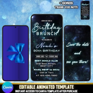 Convite de vídeo elegante para homens - Convite animado para brunch de aniversário, Vídeo convite estrelado, Modelo Canva editável digital personalizável