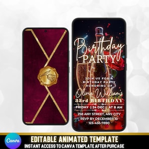 May include: Two smartphones displaying a birthday party invitation. The invitation features a burgundy background with gold accents and a gold seal. The right phone shows champagne, roses, and the text "Birthday Party".