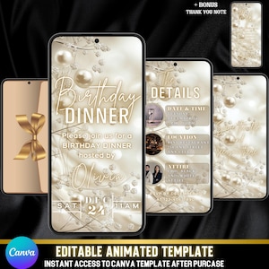 Klassische animierte Einladung zum Abendessen | Perlen & Diamant Design | Elegante Beige und Creme Farben Formelle, schicke digitale einladen