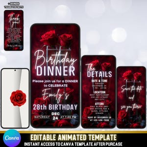 Faire-part d'anniversaire animé, champagne bordeaux et roses avec "retenez cette date", carte électronique numérique d'anniversaire élégante et remerciement
