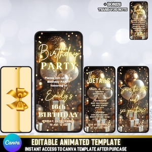 Gold-Geburtstags-Party-Video-Einladung | Glitzernde Goldballons | Chic Geburtstag Leinwand eCard | Bearbeitbare Canva Evite für alle Altersgruppen