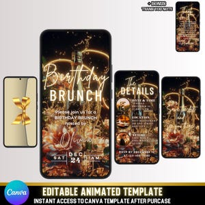 Gold Glitter Geburtstags-Brunch-Einladung | Animierte Champagner Brunch Einladung | Elegante digitale Einladung | Selbst bearbeitbare Canva Vorlage