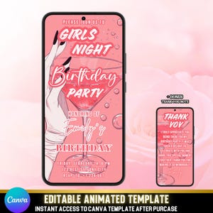 Stilvolle rosa Mädchen Nacht einladen | Animiertes Video Geburtstag Evite mit Martini Glas | Canva Bearbeitbare Party Vorlage