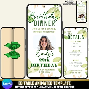 Elegant Green Birthday Dinner Invite | Personalized Animation with Photo | Greenery Theme Canva Template | Custom Dinner Party Video