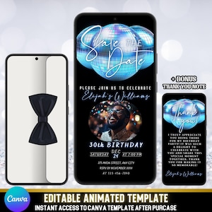 Faire-part d'anniversaire animé "Retenez cette date" avec enveloppe cravate noire, boules disco rotatives et option photo, carte électronique d'anniversaire modifiable