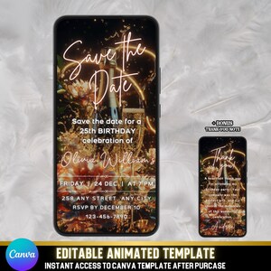 Animated Save the Date Birthday Invitation | Black & Gold Glitter Video Evite | Video Invitation | Instant Download | Canva Template