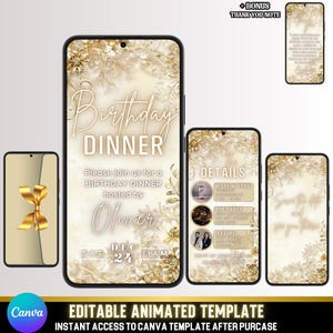 Luxus-Gold-Geburtstags-Dinner-Einladung | Animierte digitale Karte | Bearbeitbare Canva Vorlage