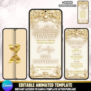 Elegante animierte Geburtstagseinladung, Gold Umschlag Video Evite, Creme und Goldrahmen Design, raffinierte digitale Abendessen Einladungskarte