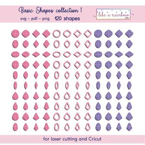 Op de afbeelding: Een verzameling van 120 basisvormen in roze en paars, waaronder cirkels, ovalen, ruiten en druppels. De tekst "Basic Shapes collection 1" en "for laser cutting and Cricut" worden weergegeven. Voor lasersnijden en Cricut.