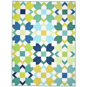 May include: A quilt featuring a geometric design in shades of blue, green, and yellow. The quilt is composed of squares and rectangles, with the pattern repeated across the fabric.