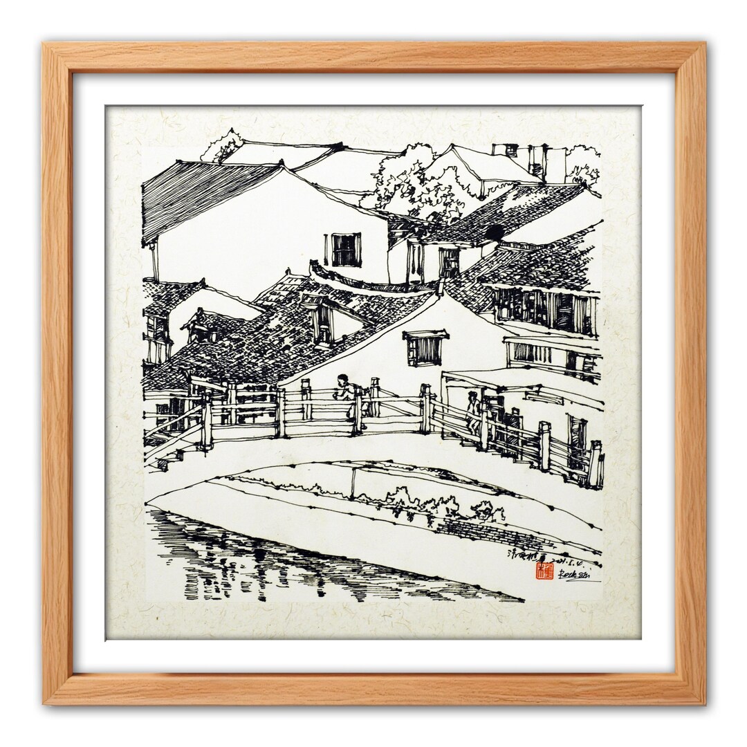 Original Pen and Ink Landscape Drawing – Village Bridge Scene - Etsy