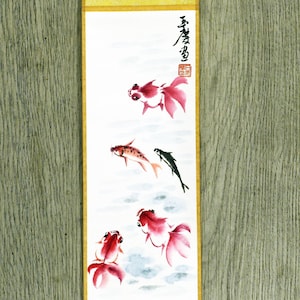 Mini Hanging Silk Scroll Series – Goldfish | Original Chinese Ink Painting | Hand Painted Silk Scroll | OOAK Art