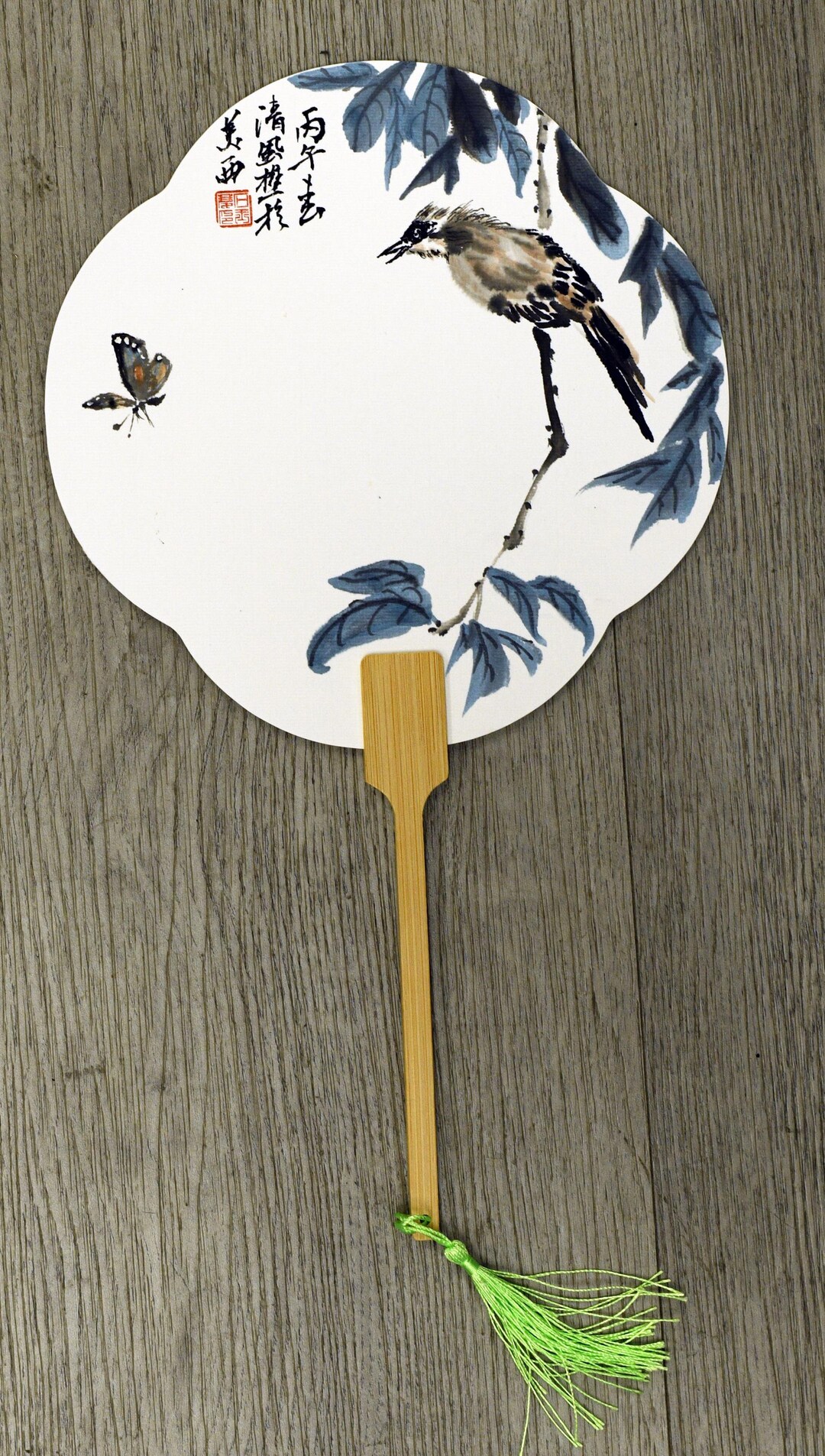 Original Chinese Ink Fan Painting With Calligraphy Bamboo Bird Wall Art ...