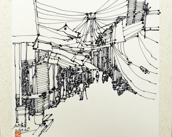Original Pen & Ink Street Scene Drawing – Hand Drawn Urban Alley with Power Lines, One of a Kind Ink Artwork