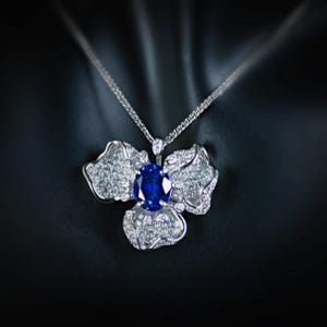 Dazzling Sapphire Necklace, 925 Sterling Silver Pendant, Double Halo Pendant, Hand Pave,  Sep Birthstone, Valentine&#39;s gift, Anniversary