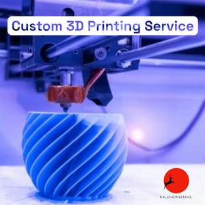 May include: A 3D printer in action, constructing a blue and white spiral-patterned object. The image includes the text "Custom 3D Printing Service" at the top. The B.K. Engineering logo is in the bottom right corner.