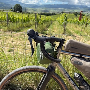 May include: A bicycle with a black handlebar and a green bag attached. The bike has a silver frame, brown tires, and a water bottle. The background shows a vineyard and a cloudy sky.