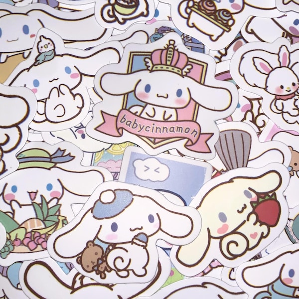 May include: A collection of white stickers featuring a cartoon bunny character with various accessories and poses. Some stickers include text, crowns, and food items. The stickers are in different sizes and shapes, with a black background.