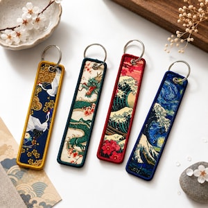 Japanese Vintage Fabric Keychain | Embroidered Double Sided Tag | Great Wave Dragon Sakura Crane | Japan Gift