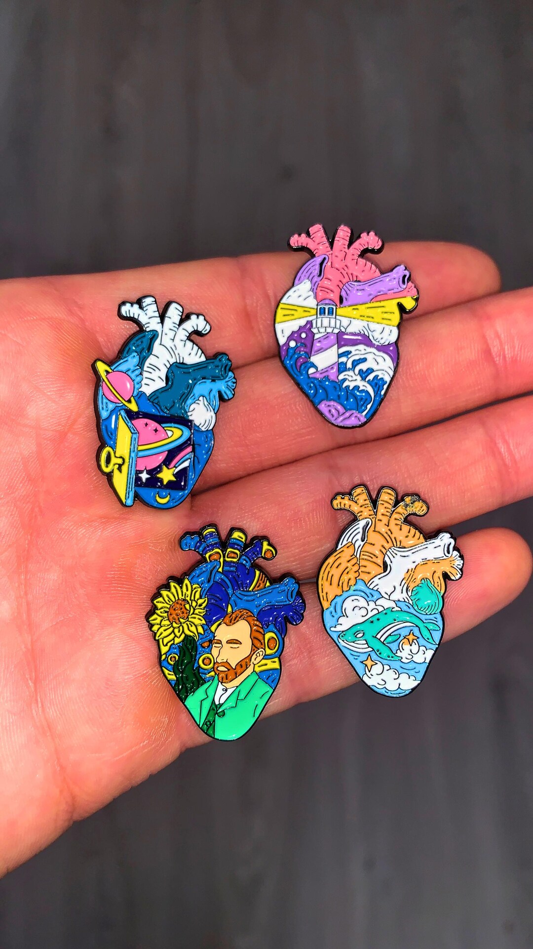 Anatomical Heart Enamel Pin – Van Gogh, Whale Ocean, Lighthouse ...