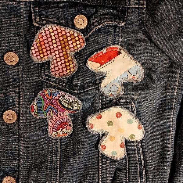 Jean patch. Retro Mushroom denim repair. Iron on or sew on. BOHO patch for jeans. Handmade Applique. 3inx3in patches.