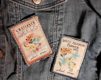 Jean patch. Retro Seed packet denim repair. Iron on or sew on. BOHO patch for jeans. Handmade. Listing for one 2inx3in patch or Set of 2