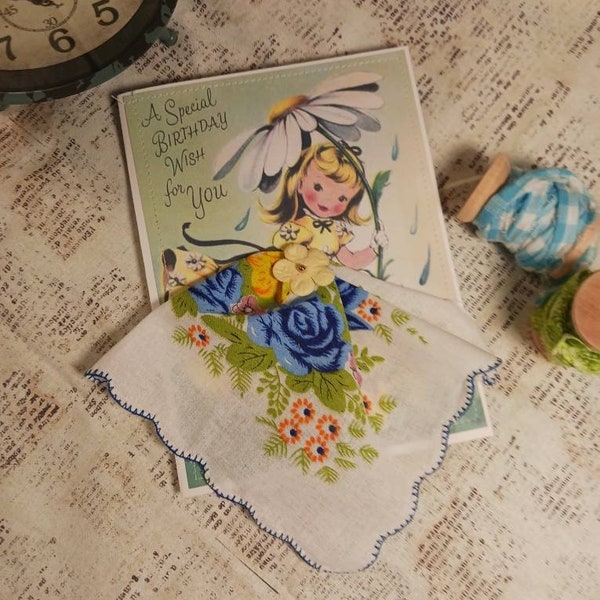 Happy Birthday Card. Vintage Girl Handkerchief card. 3d Hanky, Hankie, Handkerchief Gift Card.