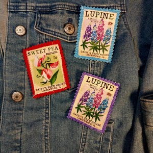 Jean patch. Retro Seed packet denim repair. Iron on or sew on. BOHO patch for jeans. Handmade Applique. 2inx3in patches.
