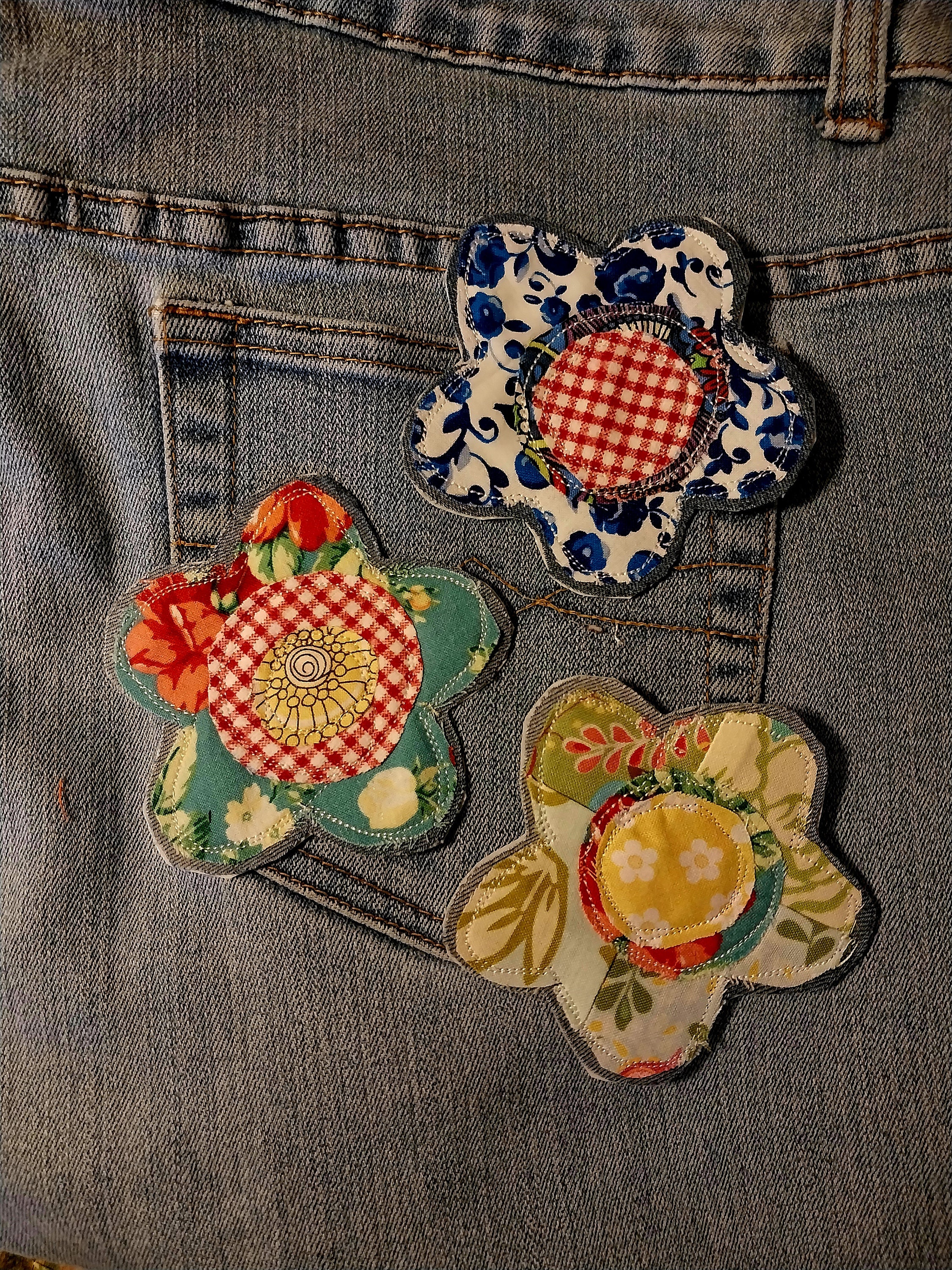 Jean patch. Retro flower power denim repair. Iron on or sew on. BOHO patch for jeans. Handmade Applique. Listing for one 4inx4in patch.