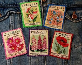 Old school home style patches! Retro Seed Packet Jean Patch: Boho Denim Applique (2x2.5in)