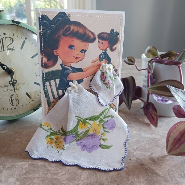 Little Girl and Dolly Vintage Handkerchief Card. Any Occasion/Birthday Card/Gift.  Greeting Card. Hanky, Hankie card