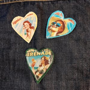 Pin Up Girl Heart Patches - Set of 3 - Iron On Denim Applique
