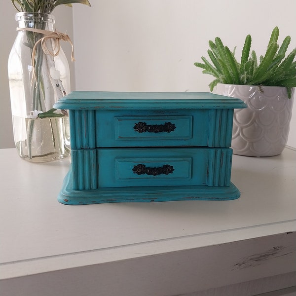 Jewelry Box. Upcycled. Vintage Chalk paint in Turquoise, Wooden, 1970's, Shabby Chic Farmhouse, Refurbished, Girl's Armoire.