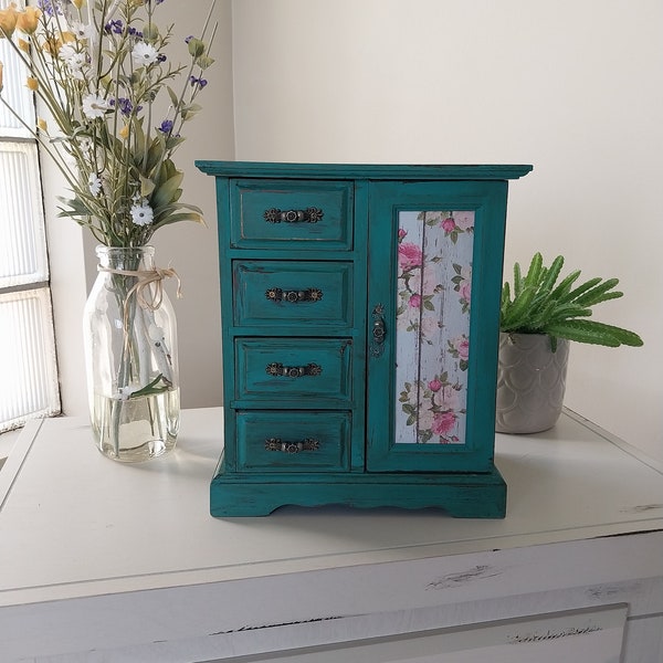 Jewelry Box. Upcycled. Vintage Chalk paint in Turquoise, Wooden, 1970's, Shabby Chic Farmhouse, Refurbished, Girl's Armoire.