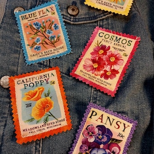 Jean patch. Retro Seed packet denim repair. Iron on or sew on. BOHO patch for jeans. Handmade Applique. 2inx3in patches.