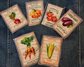 Jean patch. Retro Seed packet denim repair. Iron on or sew on. BOHO patch for jeans. Vegetable Garden Patches. 2inx3in patches.