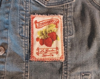 Strawberry Patch: Retro Seed Packet Denim Applique (2inx3in)