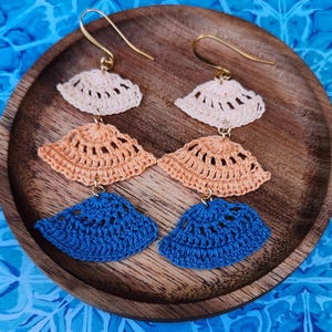 Micro Crochet Blue and Coral Shell Dangle Earrings