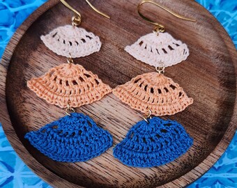 Micro Crochet Blue and Coral Shell Dangle Earrings