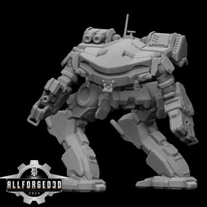 May include: A grey, detailed model of a bipedal robot with a complex mechanical design. The robot has a large torso, articulated limbs, and various weapon-like attachments. The text "ALLFORGED3D 2024" is at the bottom.