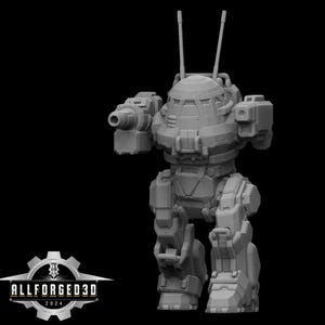 May include: A gray, 3D-printed model of a bipedal robot with a domed head, two antennae, and weapon attachments on each arm. The robot has detailed mechanical features and is standing on a black background. The text "ALLFORGED3D 2024" is displayed on a gear-shaped logo.