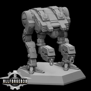 May include: A gray, 3D-printed model of a bipedal robot with a detailed, mechanical design. The robot stands on a rectangular base, with the text "ALLFORGED3D 2024" visible on the base. The robot has a large head and bulky legs.