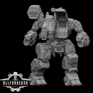 May include: A gray, 3D-printed model of a bipedal robot with a boxy design. The robot has a large head, a missile launcher on its shoulder, and the text "ALLFORGED3D 2024" at the bottom. The robot is standing on a black background.