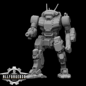 May include: A gray, 3D-printed model of a bipedal robot with a gun arm. The robot has a detailed, angular design with visible mechanical components. The base of the image has the text "ALLFORGED3D 2024" in a cogwheel logo.