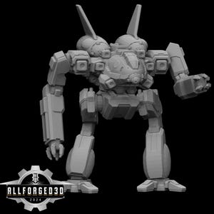 May include: A gray, 3D-printed mech model with a detailed, angular design. The robot has a central body, two large antenna-like structures, and articulated limbs. The logo "ALLFORGED3D 2024" is visible at the bottom.