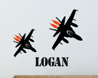 Jet Fighter Wall Decal Boy Teen Personalized Name Sticker Bedroom Game Room Decoration F-15 F-16 F-18 Graphic Print Military Aircraft