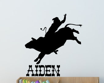 Bull Rider Sports Vinyl Wall Decal Boy Girl Teen Student Personalized Name Wall Sticker Bull Riding Horse Rodeo Cowboy Cowgirl Easy Install